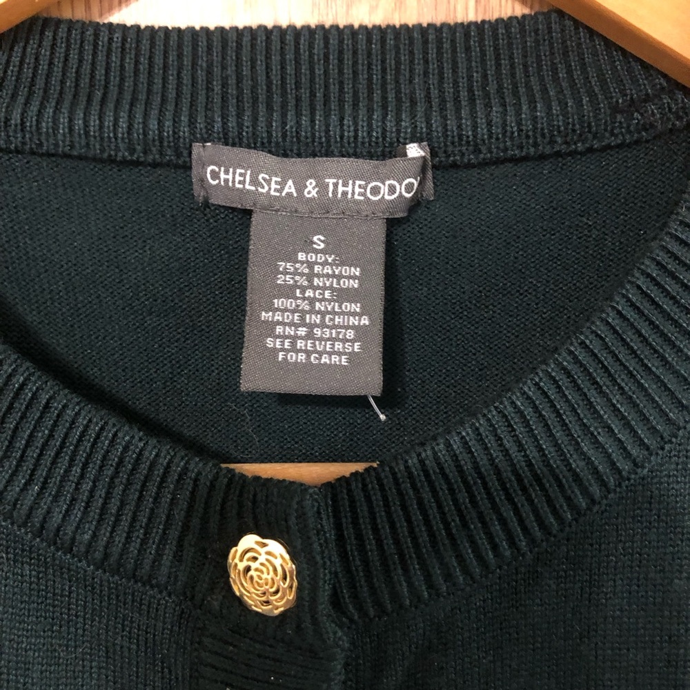 Chelsea & Theodore Dark Green Cardigan with Gold Rose Buttons - Picture 2 of 5
